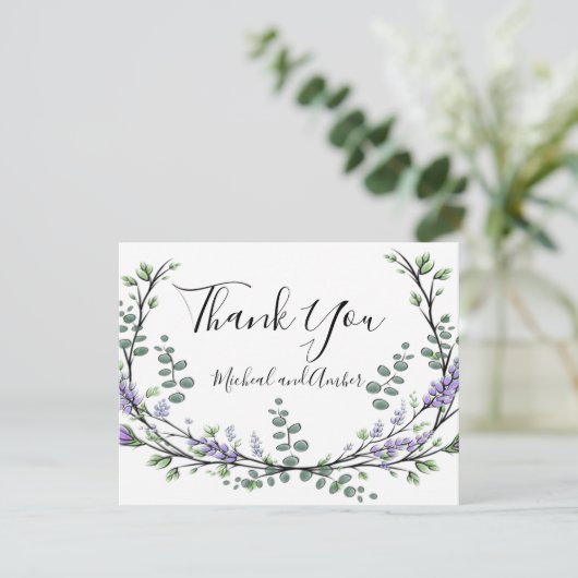 Elegante Lavendel Eucalyptus bruiloft bedankkaart (Staand voorkant)