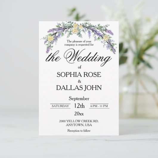 Elegante Lavendel Eucalyptus gele rozen bruiloft Kaart (Staand voorkant)