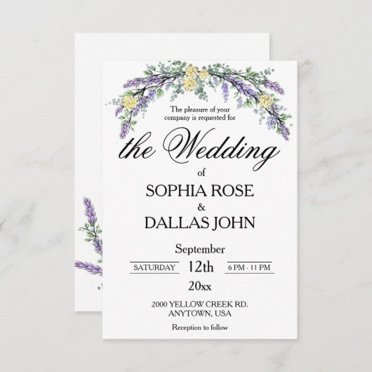 Elegante Lavendel Eucalyptus gele rozen bruiloft Kaart