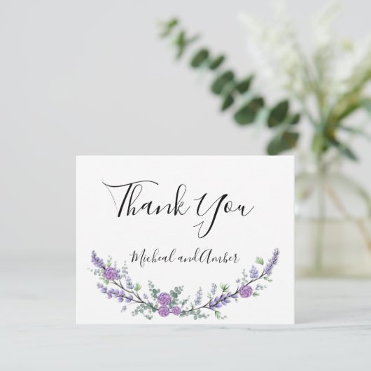 Elegante Lavendel Eucalyptus paarse rozen Bedankkaart (Staand voorkant)