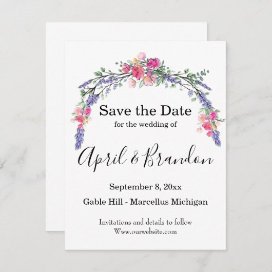 Elegante Lavendel Eucalyptus roze rozen waterverf Save The Date (Voorkant / Achterkant)
