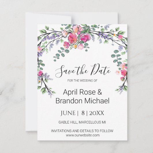Elegante Lavendel Eucalyptus roze waterverf rozen Save The Date (Voorkant)