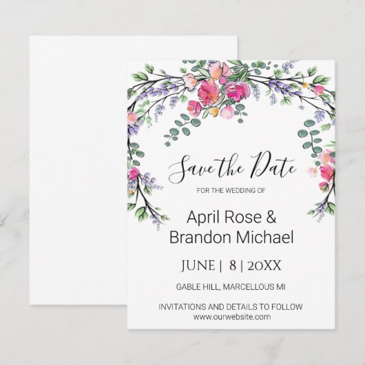 Elegante Lavendel Eucalyptus roze waterverf rozen Save The Date (Voorkant / Achterkant)