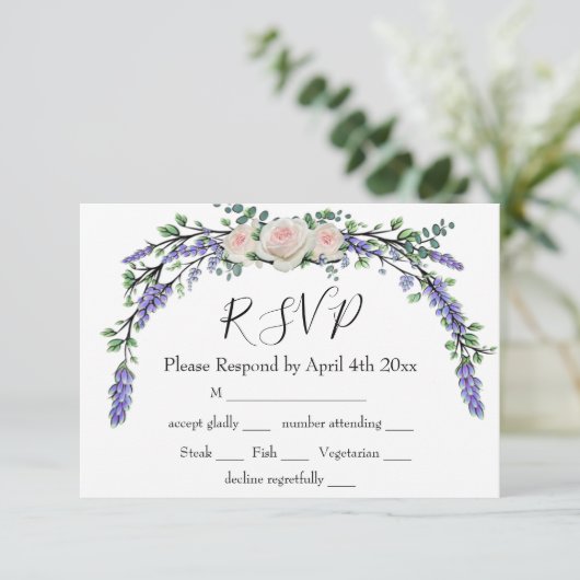 Elegante Lavendel Eucalyptus roze witte rozen rsvp (Staand voorkant)