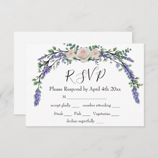 Elegante Lavendel Eucalyptus roze witte rozen rsvp (Voorkant / Achterkant)