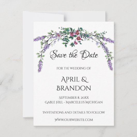Elegante Lavendel Eucalyptus waterverf roze rozen Save The Date (Voorkant)