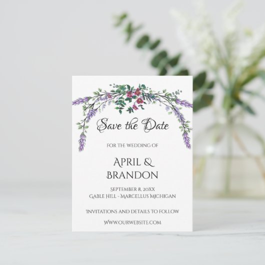 Elegante Lavendel Eucalyptus waterverf roze rozen Save The Date (Staand voorkant)