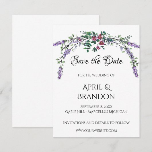 Elegante Lavendel Eucalyptus waterverf roze rozen Save The Date (Voorkant / Achterkant)
