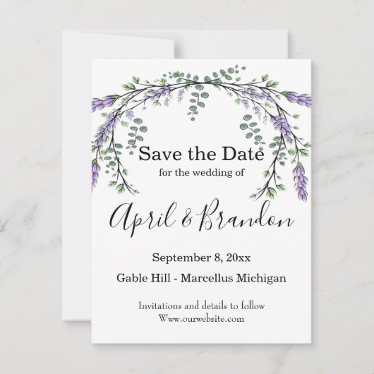 Elegante Lavendel Eucalyptus waterverf Save The Date (Voorkant)