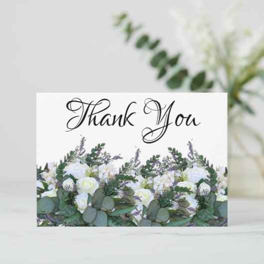 Elegante Lavendel Eucalyptus witte rozen groen Bedankkaart (Staand voorkant)