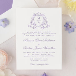 Elegante Lavendel Floral Crest Monogram Huwelijk Kaart
