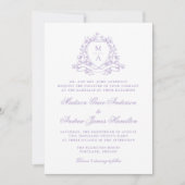 Elegante Lavendel Floral Crest Monogram Huwelijk Kaart (Voorkant)