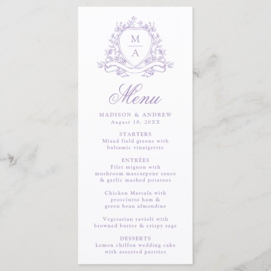 Elegante Lavendel Floral Crest Monogram Huwelijk Menu (Voorkant)