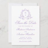 Elegante Lavendel Floral Crest Monogram Huwelijk Save The Date (Voorkant)