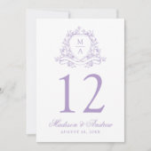 Elegante Lavendel Floral Crest Trouwtafel Nummer Kaart (Voorkant)