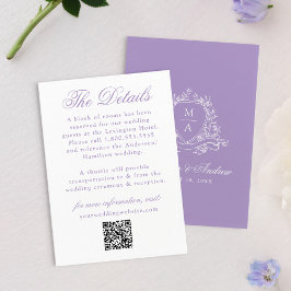 Elegante Lavendel Floral Crest Wedding Details Informatiekaartje