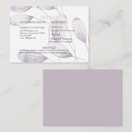Elegante Lavendel Foliag Cash Bar & Shuttle Bruilo Informatiekaartje (Voorkant / Achterkant)