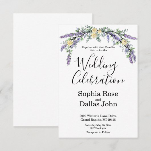 Elegante Lavendel Geel Rose Eucalyptus bruiloft Kaart (Voorkant / Achterkant)