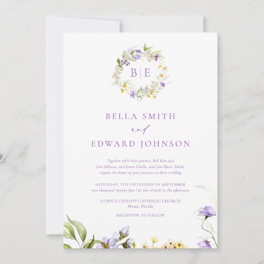 Elegante Lavendel & Gele Bloemen Monogram Bruiloft Kaart (Voorkant)