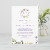 Elegante Lavendel & Gele Bloemen Monogram Bruiloft Kaart (Staand voorkant)