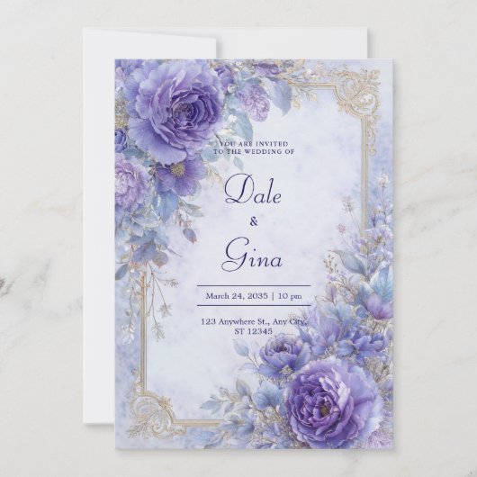 Elegante Lavendel & Goud Barok Bloemen Huwelijk Kaart (Voorkant)