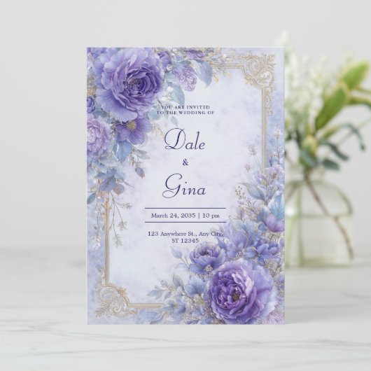 Elegante Lavendel & Goud Barok Bloemen Huwelijk Kaart (Staand voorkant)