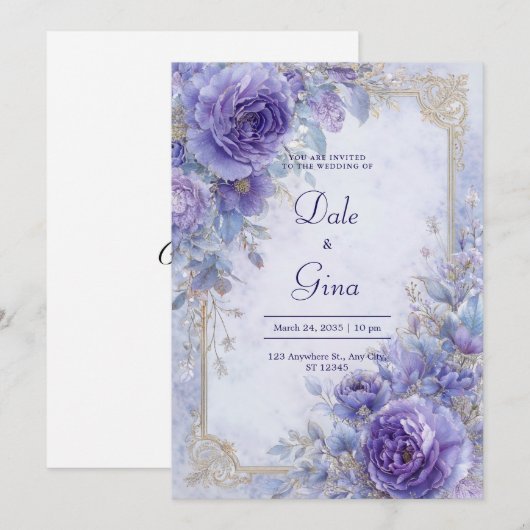 Elegante Lavendel & Goud Barok Bloemen Huwelijk Kaart (Voorkant / Achterkant)