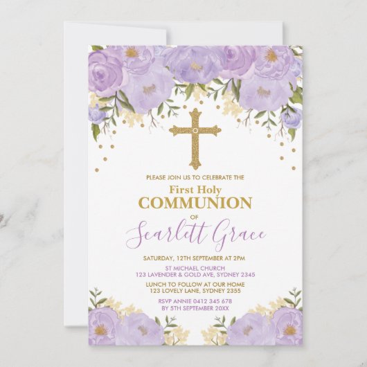 Elegante Lavendel & Goud Bloemen Heilige Communie Kaart (Voorkant)