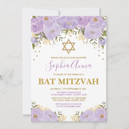 Elegante Lavendel & Gouden Bloemknuppel Mitswa Kaart (Voorkant)