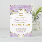 Elegante Lavendel & Gouden Bloemknuppel Mitswa Kaart (Staand voorkant)