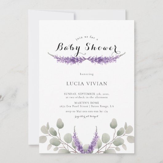 Elegante lavendel groen eucalyptus Baby shower Kaart (Voorkant)