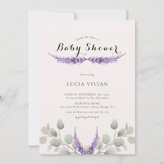 Elegante lavendel groen eucalyptus Baby shower Kaart (Voorkant)