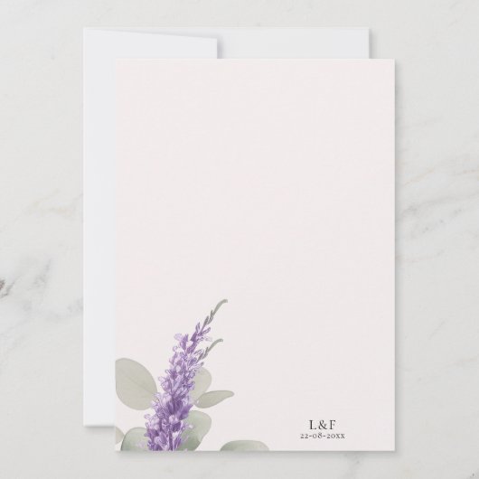 Elegante lavendel groen eucalyptus blad bruiloft kaart (Achterkant)