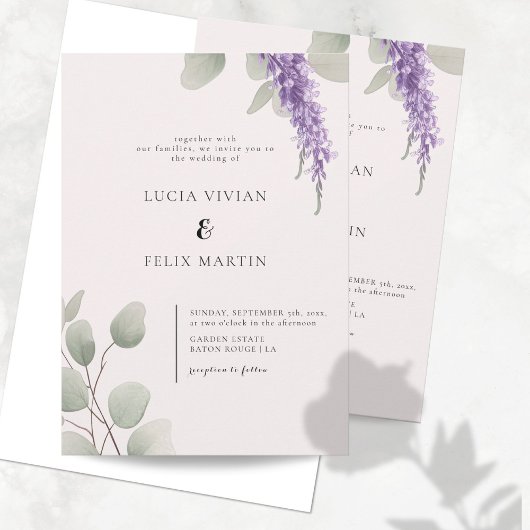 Elegante lavendel groen eucalyptus blad bruiloft kaart