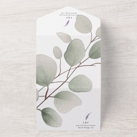 Elegante Lavendel Groene Eucalyptus bladeren bruil All In One Uitnodiging (Buitenkant)