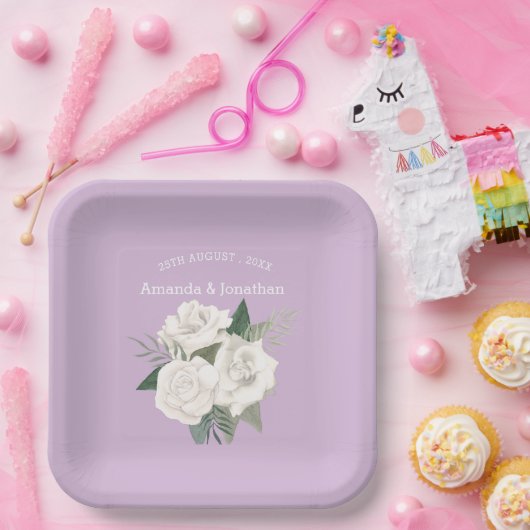 Elegante Lavendel Haze en Witte Rozen Bruiloft Papieren Bordje (Feest)