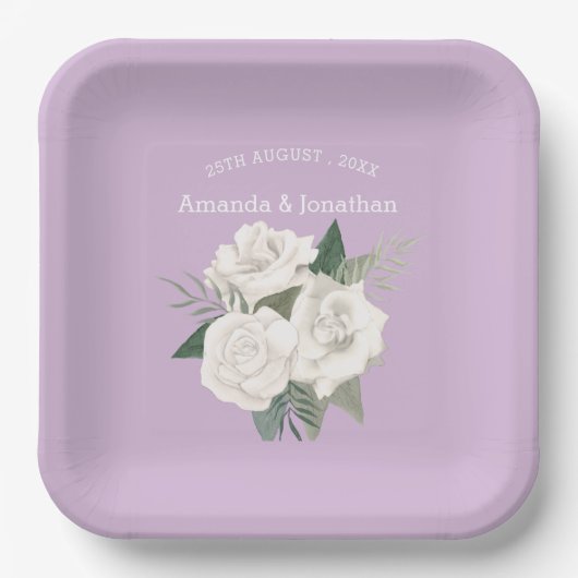 Elegante Lavendel Haze en Witte Rozen Bruiloft Papieren Bordje (Voorkant)