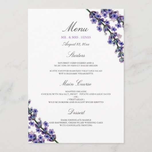Elegante lavendel huwelijksdiner menu (Voorkant)