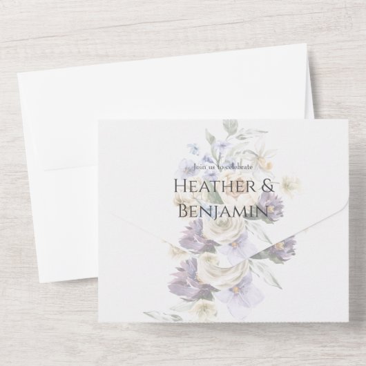 Elegante Lavendel, Ivoor & Blauwe Bloemen Alles-in All In One Uitnodiging (Achterkant)