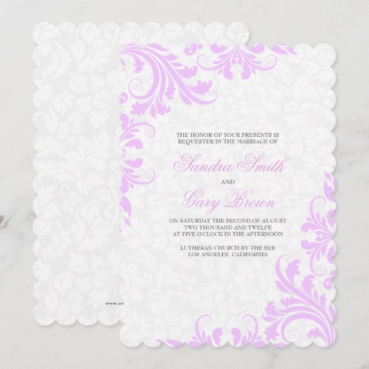 Elegante Lavendel Kant Wit Damasks Bruiloft Kaart (Voorkant / Achterkant)