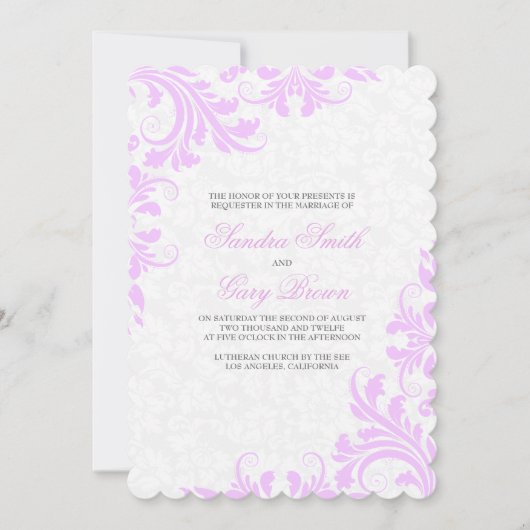 Elegante Lavendel Kant Wit Damasks Bruiloft Kaart (Voorkant)