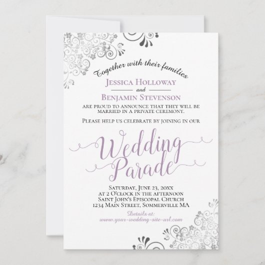 Elegante lavendel & kanten grijze bruiloft parade kaart (Voorkant)