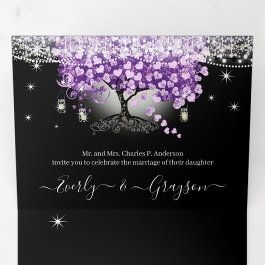 Elegante Lavendel Liefde Paarse Hart Blad Bruiloft Drieluik Uitnodiging (Binnenzijde eerst)