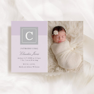 Elegante Lavendel Monogram Baby Meisje Foto Geboor Aankondiging