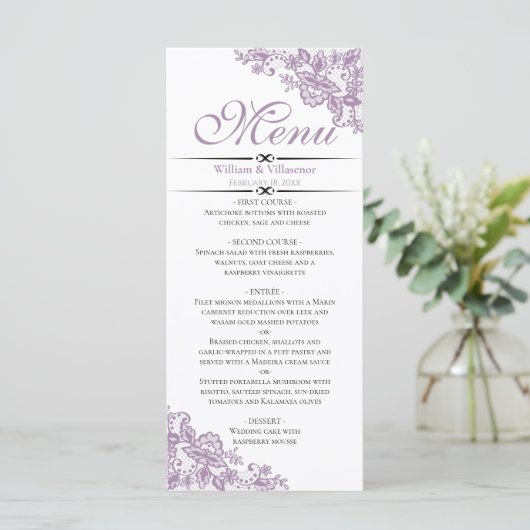 Elegante Lavendel op Witte Bruiloft Menu (Staand voorkant)