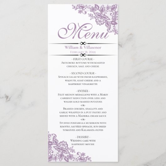 Elegante Lavendel op Witte Bruiloft Menu (Voorkant)