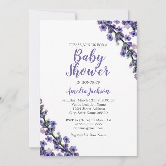 Elegante Lavendel Paarse Baby shower Uitnodiging (Voorkant)