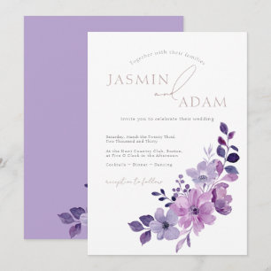 Elegante lavendel paarse bloemige bruiloft kaart