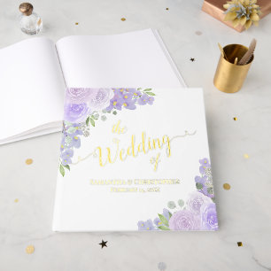 Elegante Lavendel Paarse Boho Floral Folie bruilof Gastenboek