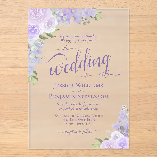 Elegante Lavendel Paarse Boho Rozen Fancy bruiloft Acryl Uitnodigingen (Voorkant)